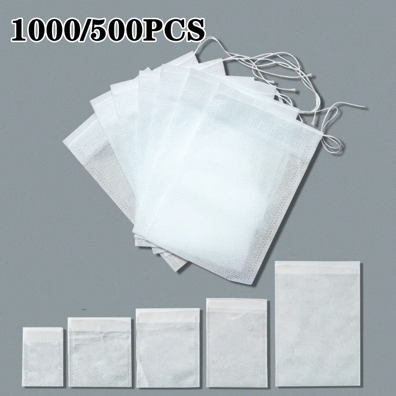 Herbal Wellness Products - 1000-100 個使い捨てティーバッグフィルターバッグ巾着フィルター紙空の茶注入器ハーブスパイスホームキッチンアクセサリー