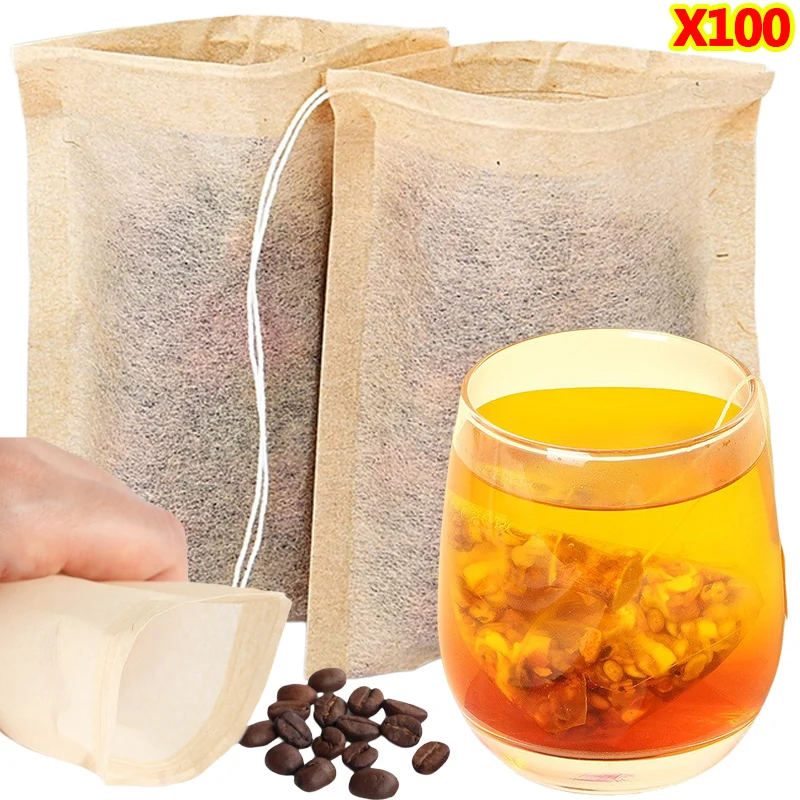 Herbal Wellness Products - 100 個ティーバッグ巾着フィルター付き空のティーバッグコーヒー豆葉茶粉末漢方薬生分解性紙袋