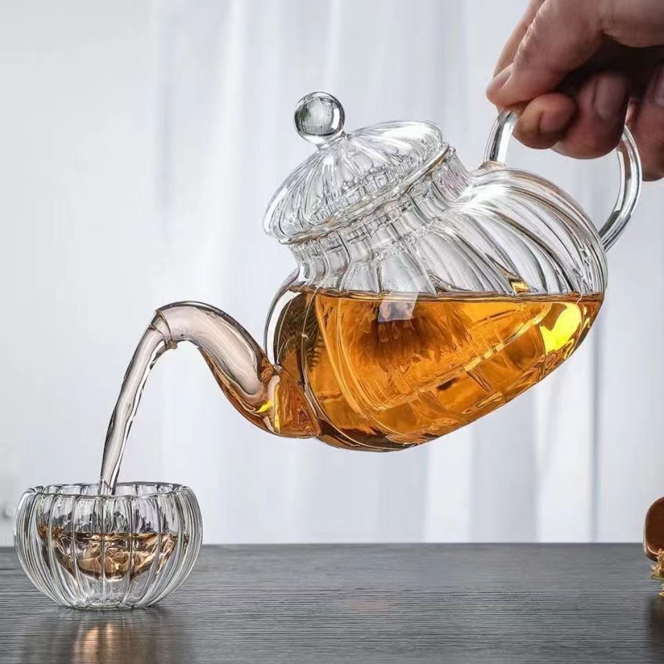 Herbal Wellness Supplement - ストライプカボチャ形の花ティーポット花ティーカップガラスティーポット注入器茶葉ハーブ耐熱ガラスポット